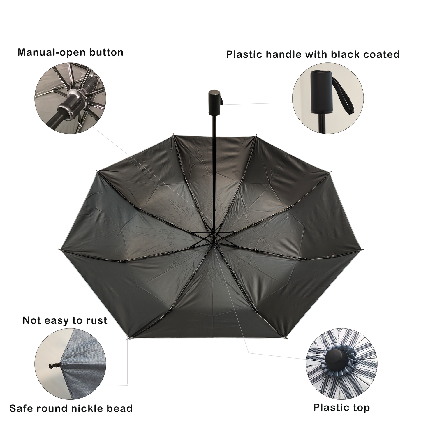 3-fold Manual open and close umbrella 21 inches sunny and rainy paraguas with black pu coating